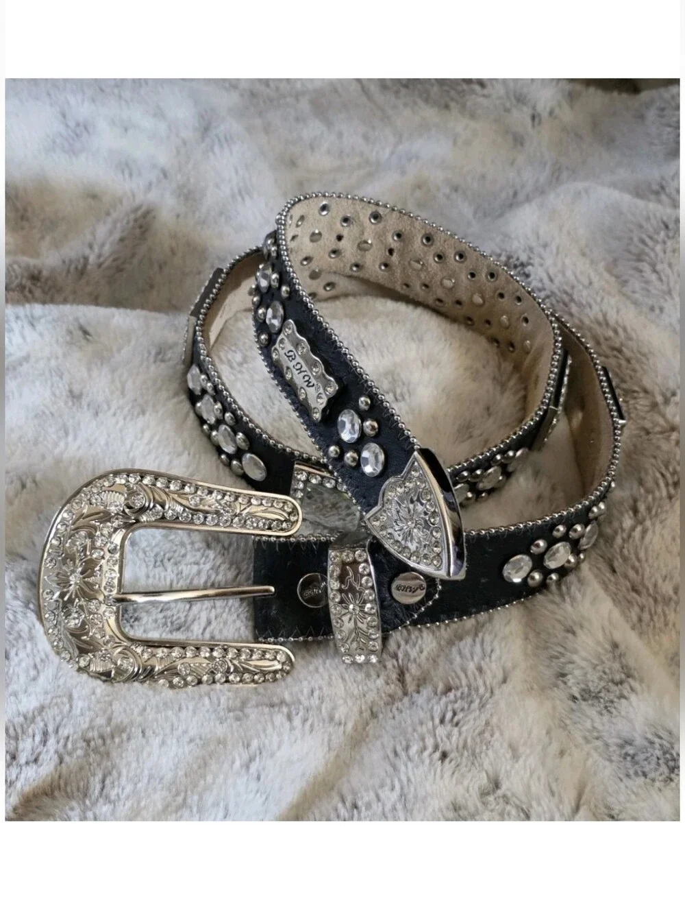 BHW Women's Black Leather Western Belt Crystals and Bling Accents Size M